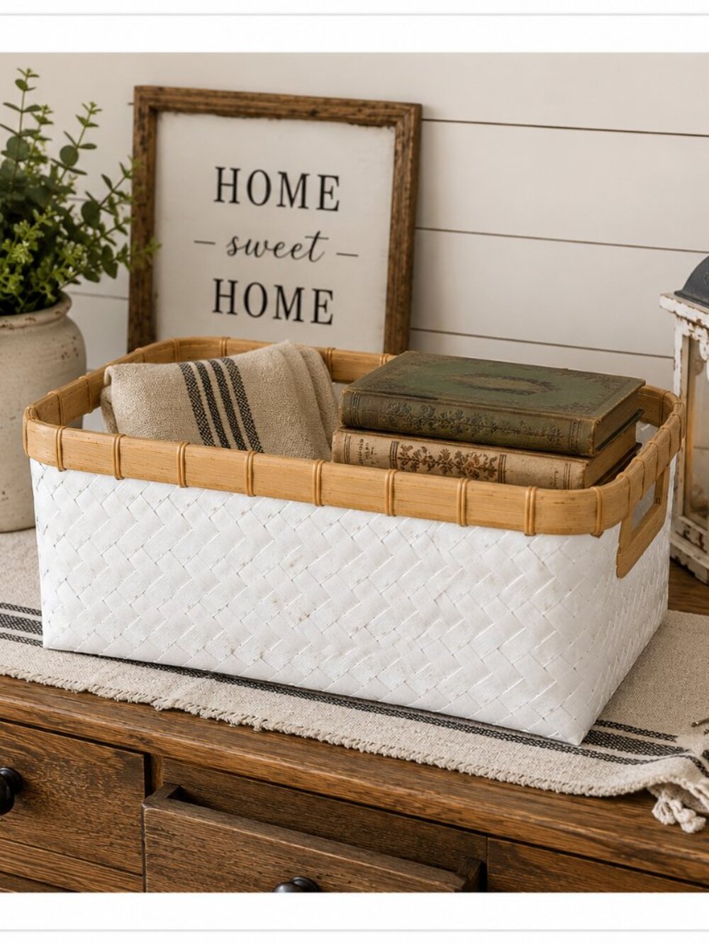 White Woven Plastic Basket with Bamboo Trim